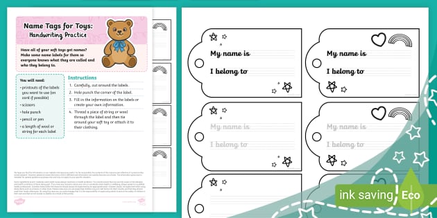Name Tags for Toys: Handwriting Practice (Ages 5 - 7)